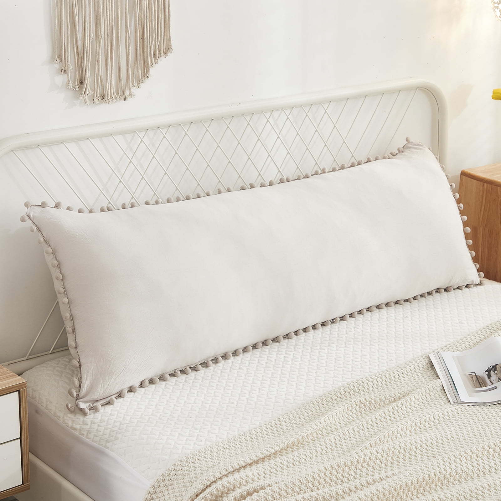 Move Over Beige Grey Body Pillowcase 20x54" Pom Poms Fringe Pattern
