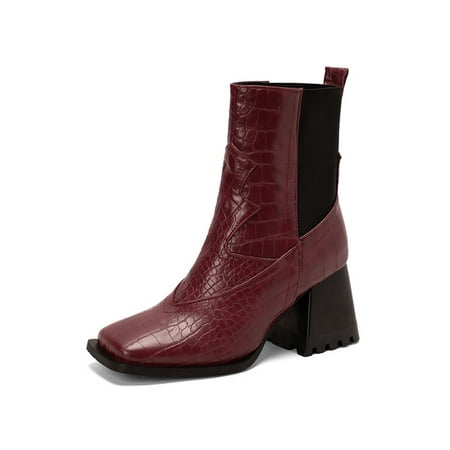 

Daeful Women Anti Slip Pull On Chelsea Boot Formal Fashion Ankle Booties Walking Comfort Animal Print High Heels Red 5.5