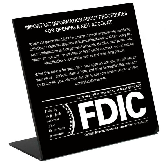 Patriot Act Sign with FDIC Logo 7 W x 6-1/2 H - Bank Compliance