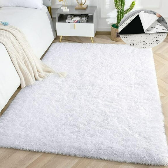 Soft Fluffy Area Rugs 48" x 63" White Shaggy Non-Slip Backing Floor Mats Plush Carpet for Living Room Bedroom