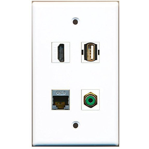 RiteAV - 1 Port HDMI 1 Port RCA Green 1 Port USB A-A 1 Port Shielded Cat6 Ethernet Wall Plate