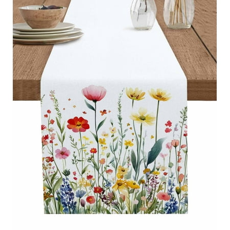 

Table Runner Dresser Scarf 18 x 72 Inch Watercolor Wildflower Spring Red Yellow Flower Leaf Plant Table Runners Non-Slip Heat Kitchen Dining Table Decor for Indoor Outdoor Home Party Decoration