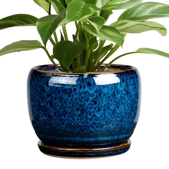 EPFamily 8 Inch Ceramic Planter Pot with Drainage Hole and Saucer, Peacock Blue Crackle Glaze Flower Pot, Round Ceramic Plant Container for Indoor Outdoor Plants, Home Garden Decor