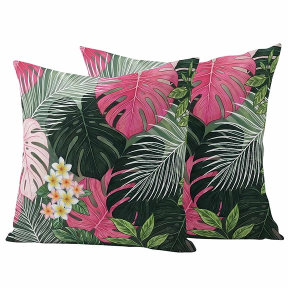 2 Pack Outdoor Waterproof Throw Pillow Covers,Summer Watercolor Pink Green Leaf Decorative Square Pillow Case Patio Pillowcases for Chair Couch Sofa 16x16in