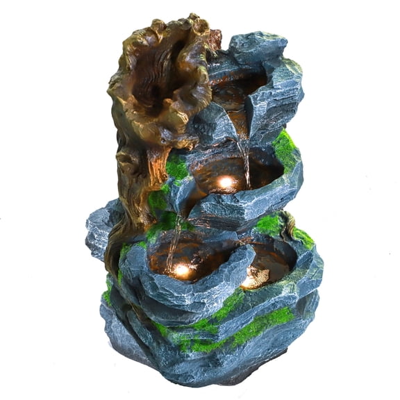 Outdoor Water Fountain with LED Lights,Resin Cascading Waterfall Feature,22.8Inch Garden Patio Decor for Outdoor/Indoor Use