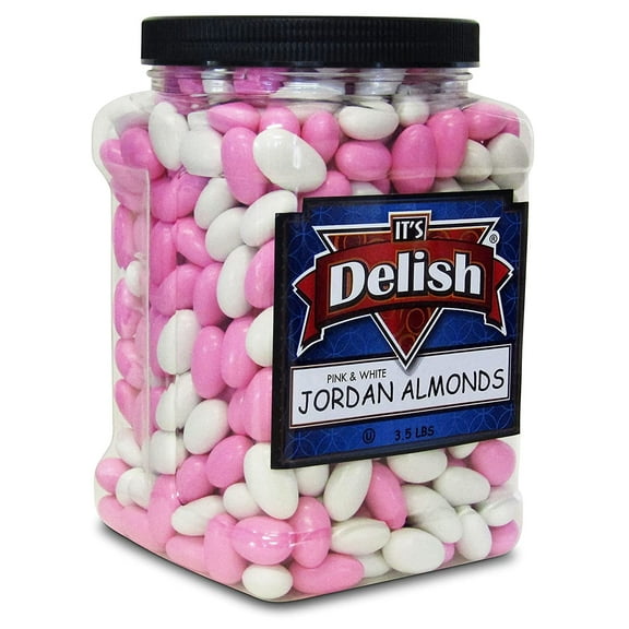 Pink and White Jordan Almonds Mix by Its Delish, 3.5 lbs Jumbo Container  Almond Nut with Sweet Hard Candy Coating - Mothers Day Weddings Bridal Showers Baby Girl Theme Party Favors - Vegan & Kosher