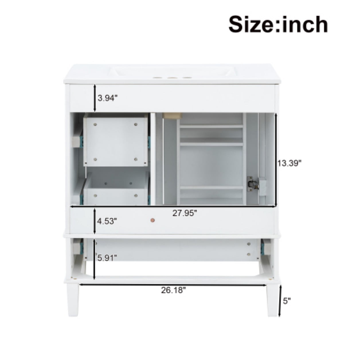 30" Bathroom Vanity with Ceramic Sink, Freestanding Bathroom Cabinet, Soft Close Door, 3 Drawers, Solid Wood Frame, White