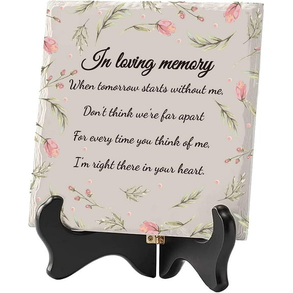 in Loving Memory Memorial Gifts Flower Ceramic Tile Wooden Stand Memory Plaque Decor Sign for Wedding Condolence Memorial Gifts Bereavement Grief Funeral Remembrance