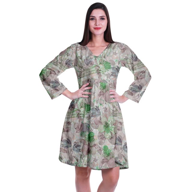 Moomaya Robe Courte Évasée Imprimée de Designer, Manches Longues, Tunique en Velours, Robes pour Femmes