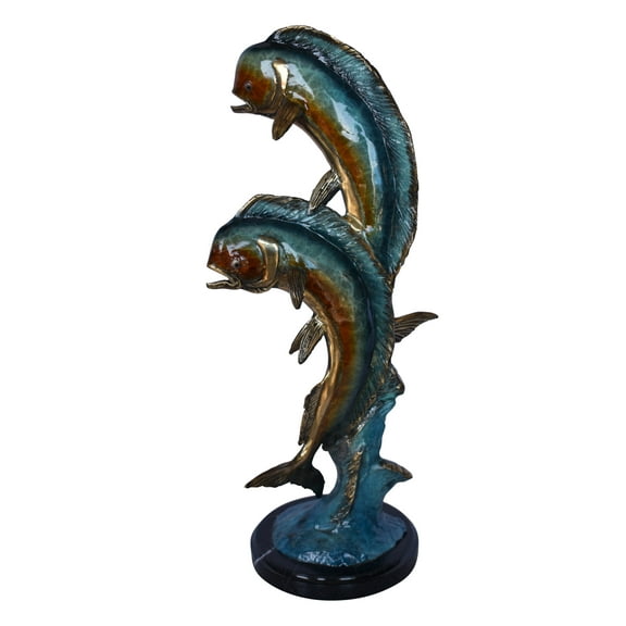 Two Dorado, Mahi Mahi Bronze Statue on Marble Base - Size: 9"L x 9"W x 22"H.