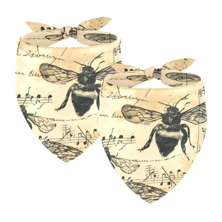 PhooArto Bees Vintage Music Notes Pattern Dog Bandanas 2 Pack Soft Washable Pet Scarf Triangle for Large Dogs Puppies and Cats