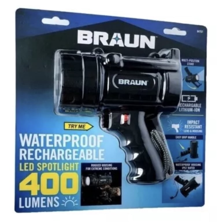 braun 440 lumen waterproof rechargeable flashlight kit 500 LED Magnetic Handheld Foldable Slim Bar Work Light The BRAUN 500 Lumen LED Rechargeable Magnetic Handheld Foldable Slim Bar Work Light folds compactly for easy storage Braun Flashlight - Braun