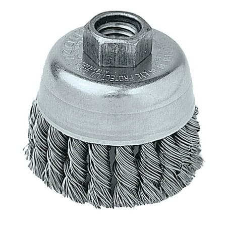 UPC: 0012382132583 | Single Row Heavy-Duty Knot Wire Cup Brush  2 3/4 Dia.  5/8-11 UNC  .02 Stainless