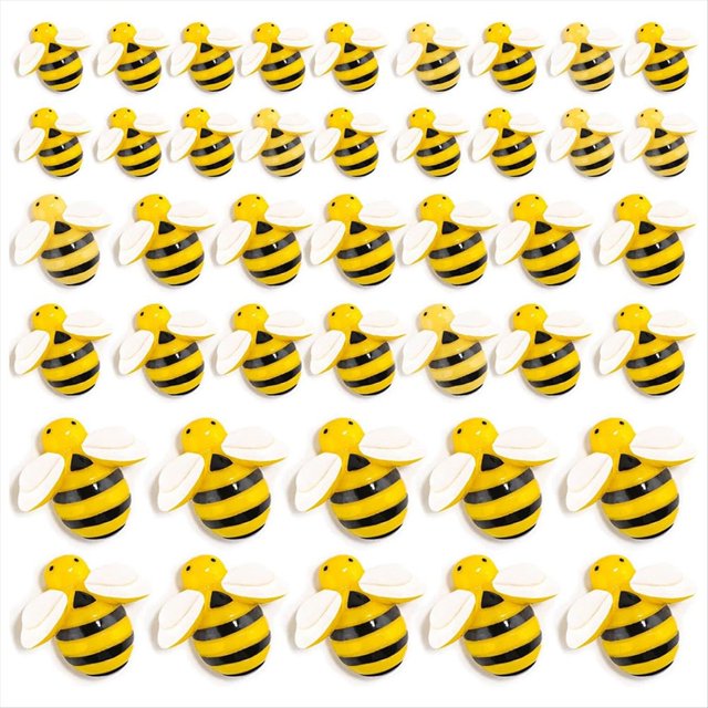 120 piezas de decoración de abejorros, abejas de resina para manualidades, pequeños adornos de abejas de plástico para decoraciones paquete de 120 piezas en tres tamaños; vista frontal con filas de abejas amarillas y negras con franjas y alas blancas, acabado brillante de resina visible, ideales para manualidades, decoración de pasteles, marcos, accesorios DIY y proyectos de fiesta.