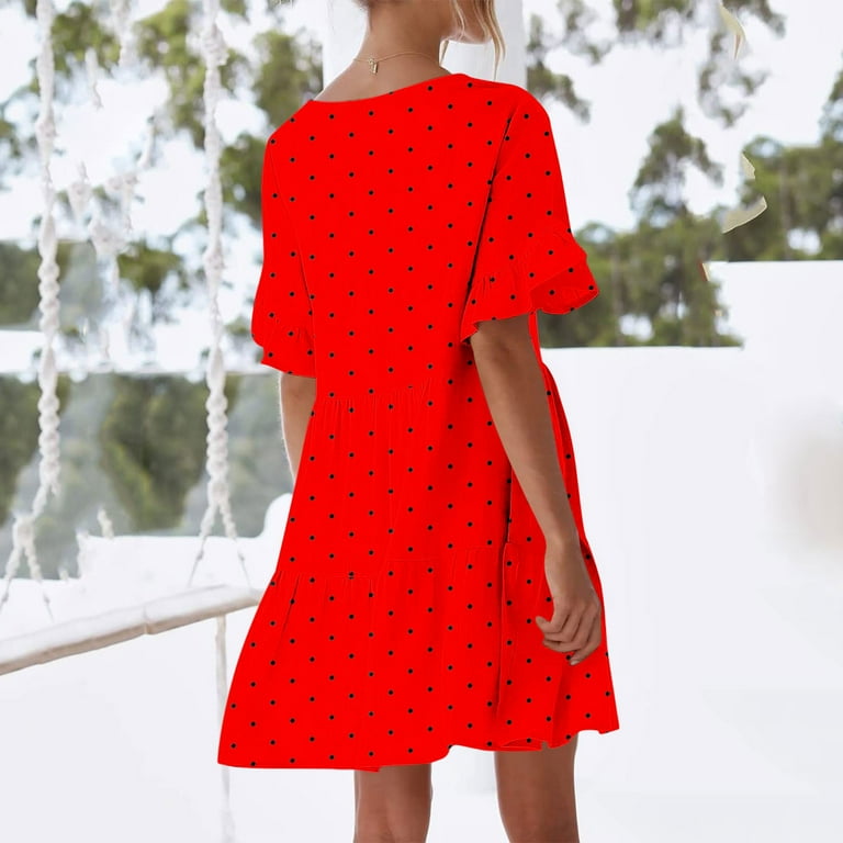 YWJOUDA Summer Fashion Mini Dresses for Womens 2025 Plus Size Casual Sweet Cute V-Neck Dress Pocket Short Sleevele Ruffle Dress, Women's, Size: Small,