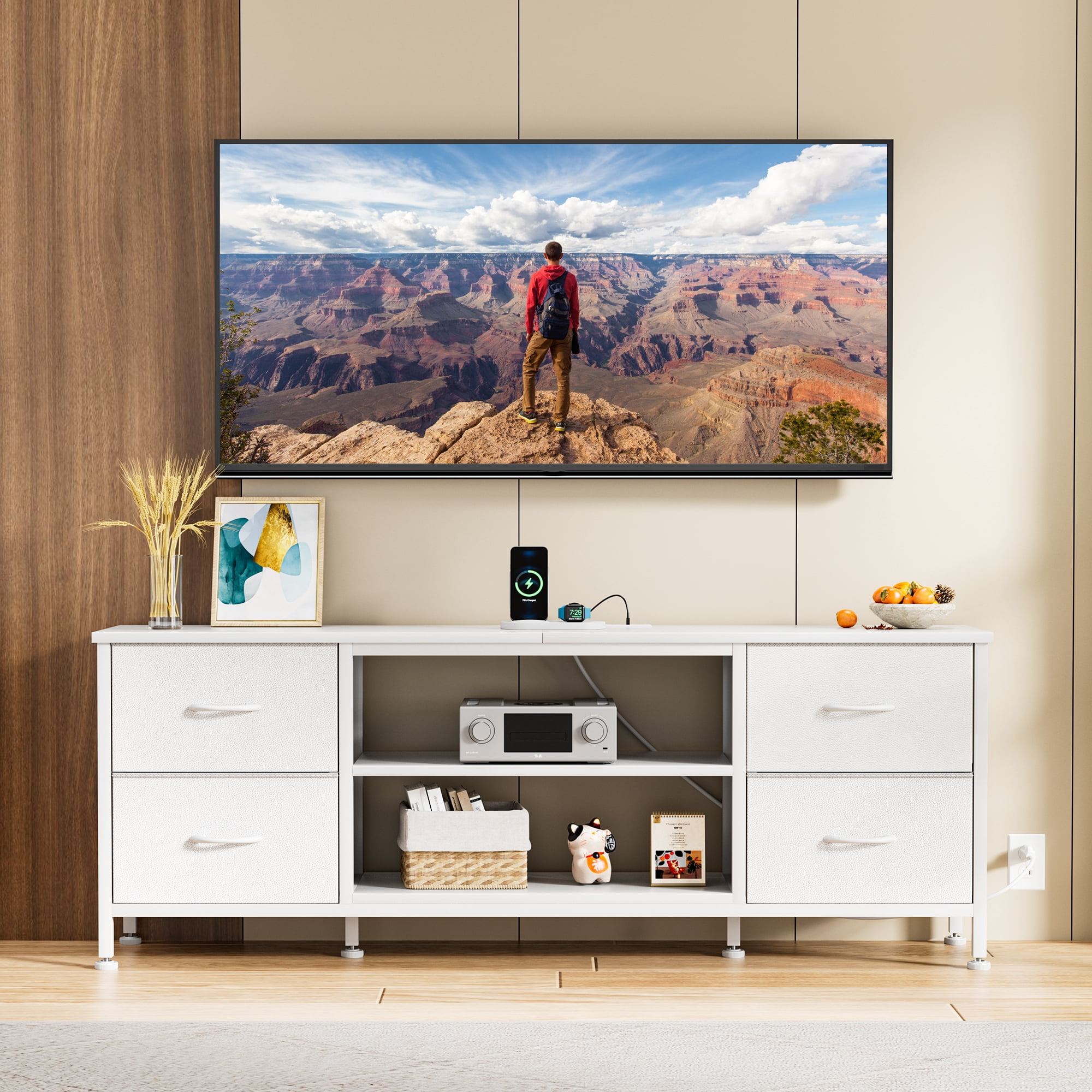TV Stand for Bedroom, Television Stand for TV up to 60 Inch Entertainment Center Dresser with 4 Drawers Open Storage Shelves for Living Room, Entryway