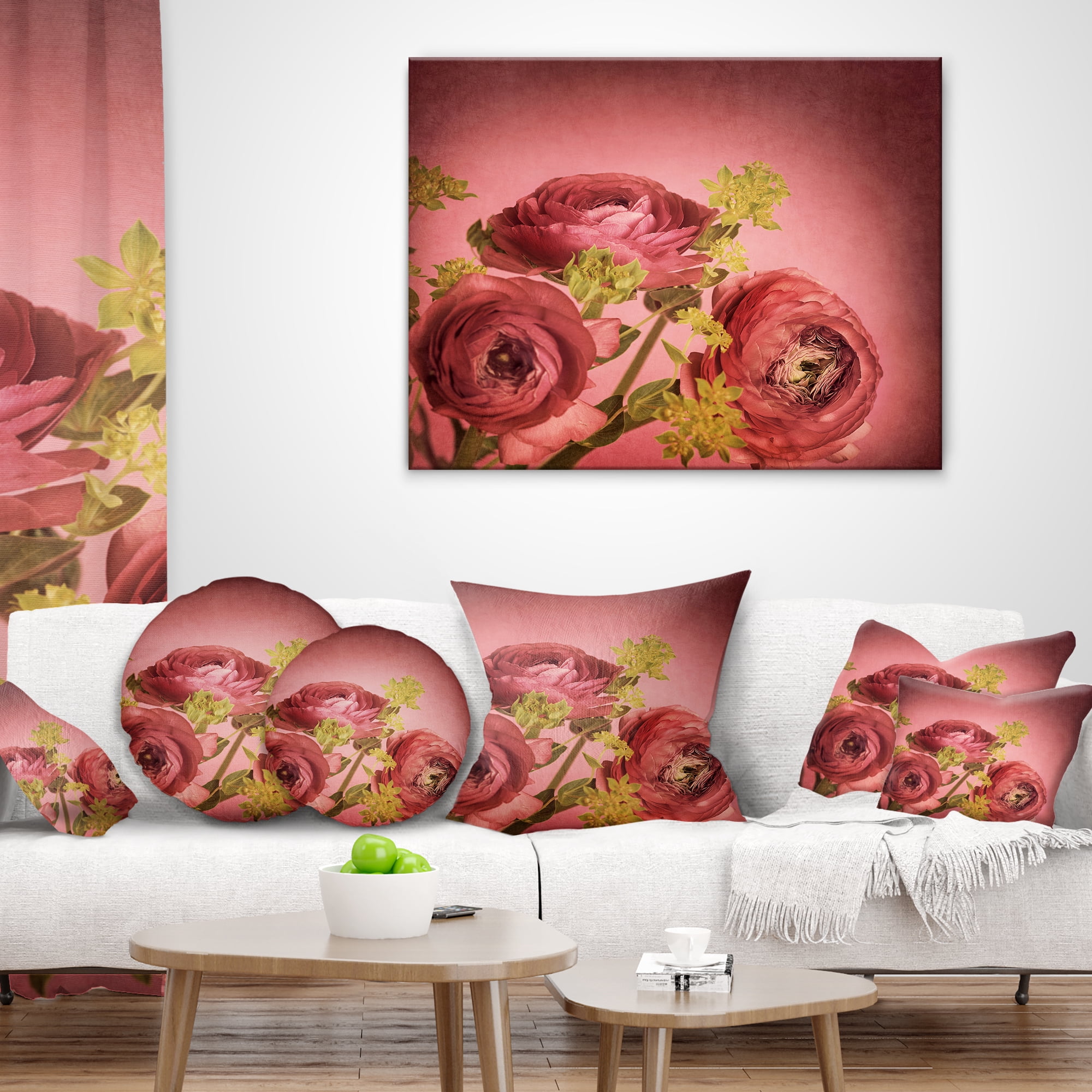 Designart Ranunculus Flowers Stem on Pink - Floral Throw Pillow - 12x20