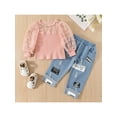 thumbnail image 2 of Franhais Girl Two Piece Outfits, Long Sleeve Patchwork See Through Plaid Ribbed Tops Denim Elastic Lettering Ripped Jeans, 2 of 9