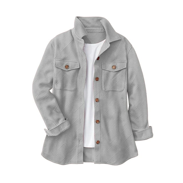 HongQid Veste en Flanelle pour Femmes avec Poches Poitrine, Surchemise Texturée à Boutons