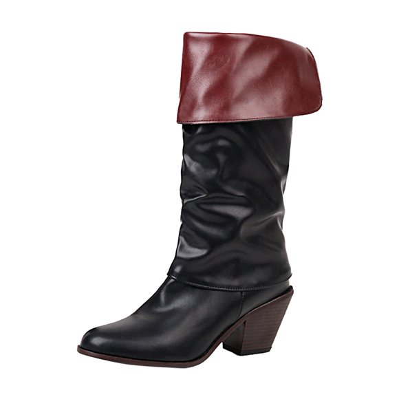 WEAIXIMIUNG Womens Ankle Boots Wide Width Black Women's Autumn and Winter New Flanging Two Thick Heeled Western Cowboy Style Pleated Pile Leather Boots Show Thin Medium Boots