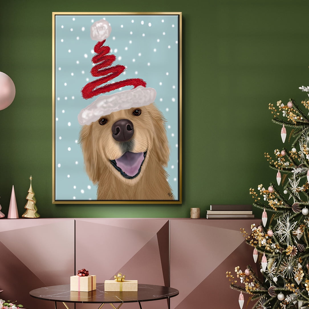 Christmas Golden Retriever and Spring Santa Hat - Framed Gallery Wrapped Holiday Canvas - 27 x 41 - Gold Frame