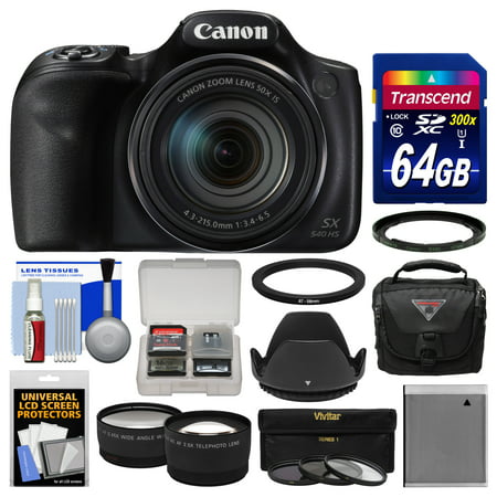 Canon PowerShot SX540 HS Wi-Fi Digital Camera with 64GB Card + Case + Battery + 3 Filters + Hood + Tele/Wide Lens