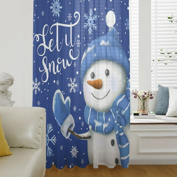 Blue Snowman Christmas Semi Sheer Curtains Drapes for Living Room, Bedroom, French Doors Window 54 Inches Long, Xmas Winter Snowflake Let Snow Rod Pocket Chiffon Curtain Drapery Voile Drape Panel