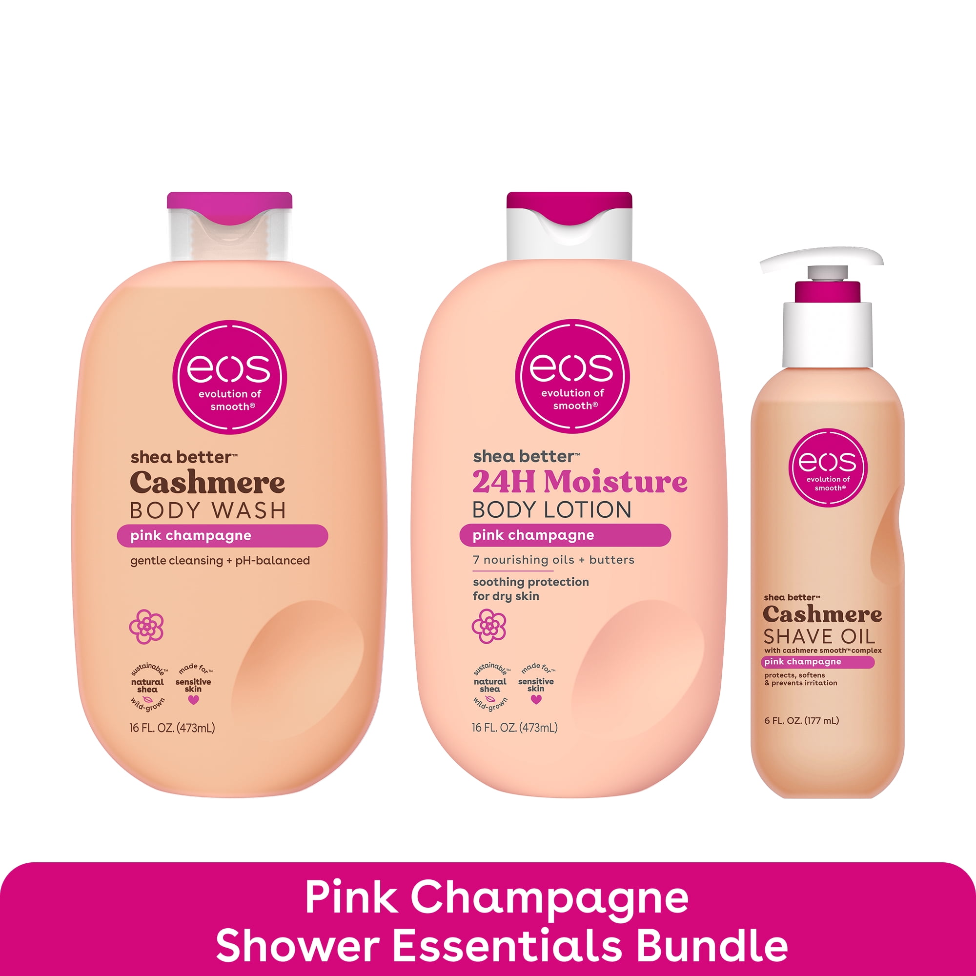 eos Pink Champagne Body Wash Body Lotion & Shave Oil Bundle