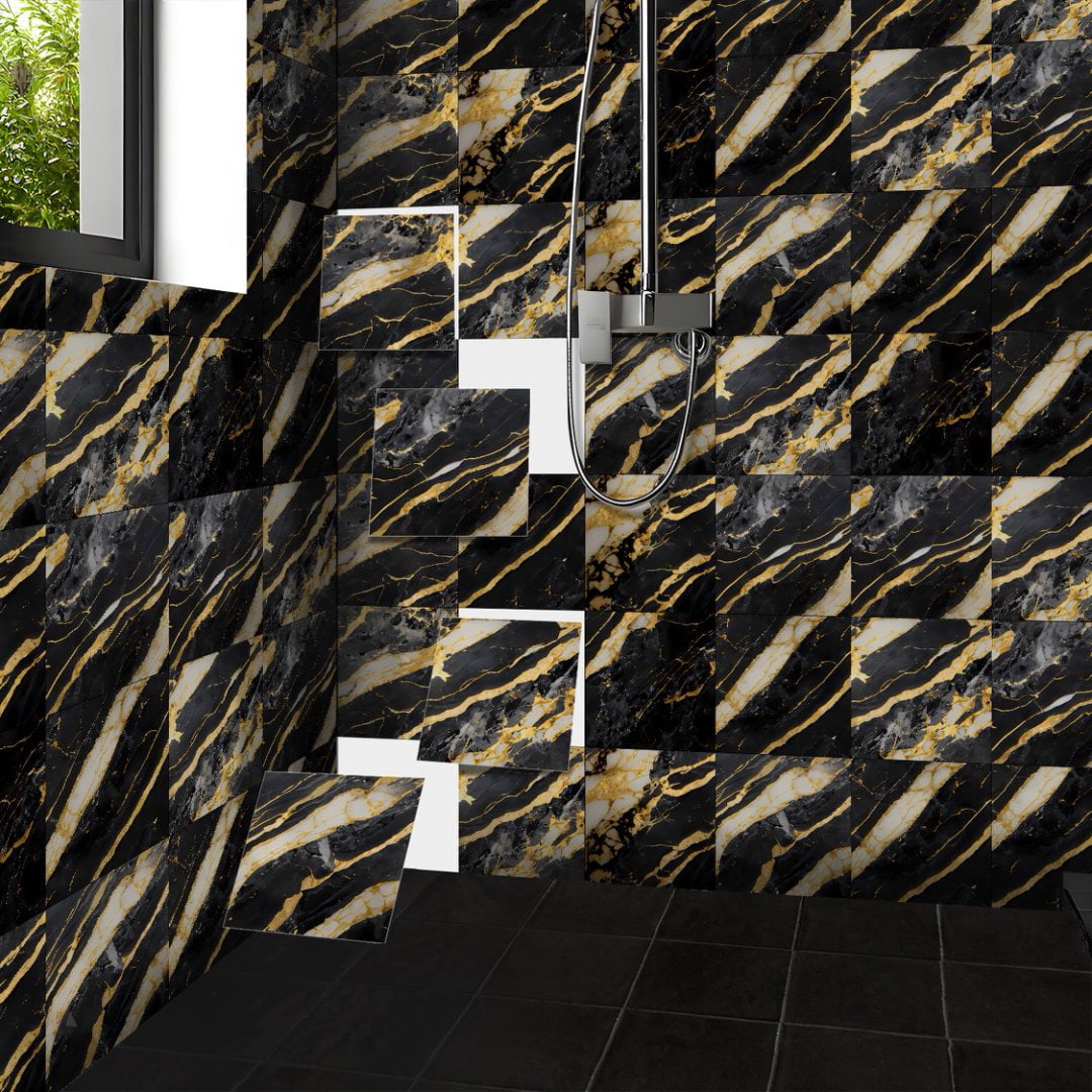 16 Piece Black Gray Gold Tile Stickers PVC Backsplash 8" x 8" Marbling Wall Decals DIY Decor Kitchen Peel and Stick Waterproof Tile