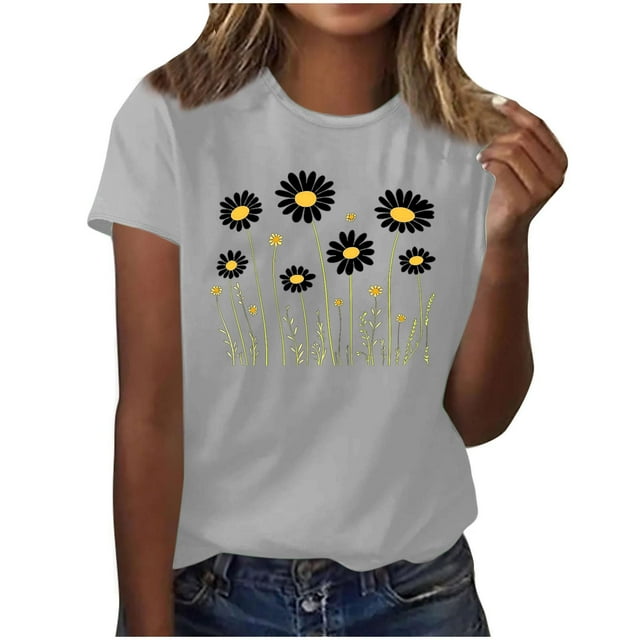 Camisas de Manga Corta para las Mujeres Moda Casual Impresión Cuello Redondo Suéter Tee Blusas