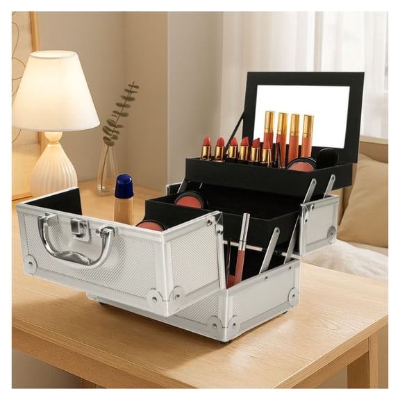 Aluminum Makeup Case with Mirror - Silver 9x6x6in - Cosmetic Organizer Train Case - Portable Jewelry Box - Adjustable Dividers