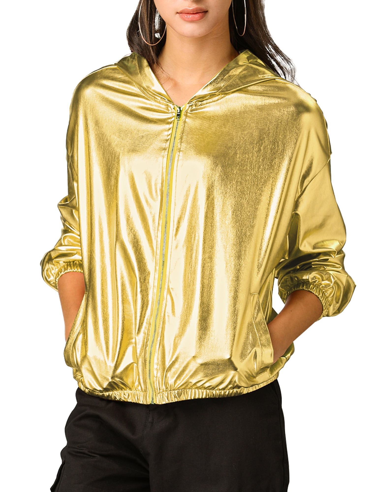 Allegra K Womens Holographic Shiny Long Sleeve Zipper Hooded Metallic Jacket