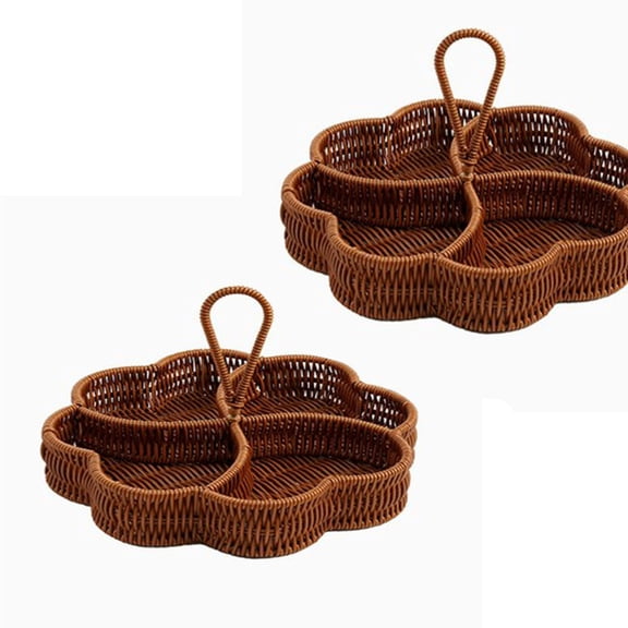 Rattan Serving Tray Handwoven Snack Basket with Handle, 5 Compartment Divided Storage for Fruits Nuts Candies, Wicker Kitchen Countertop Organizer for Picnic Party Home Decor 2Pcs