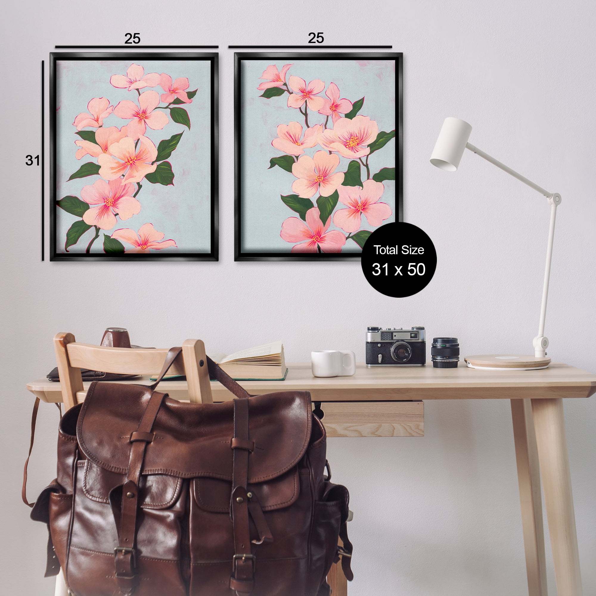 Stupell Industries Pink Cherry Blossom Branch Plants & Flowers Painting Black Floater Framed Canvas Art Print Wall Art, 31 x 25, Set of 2
