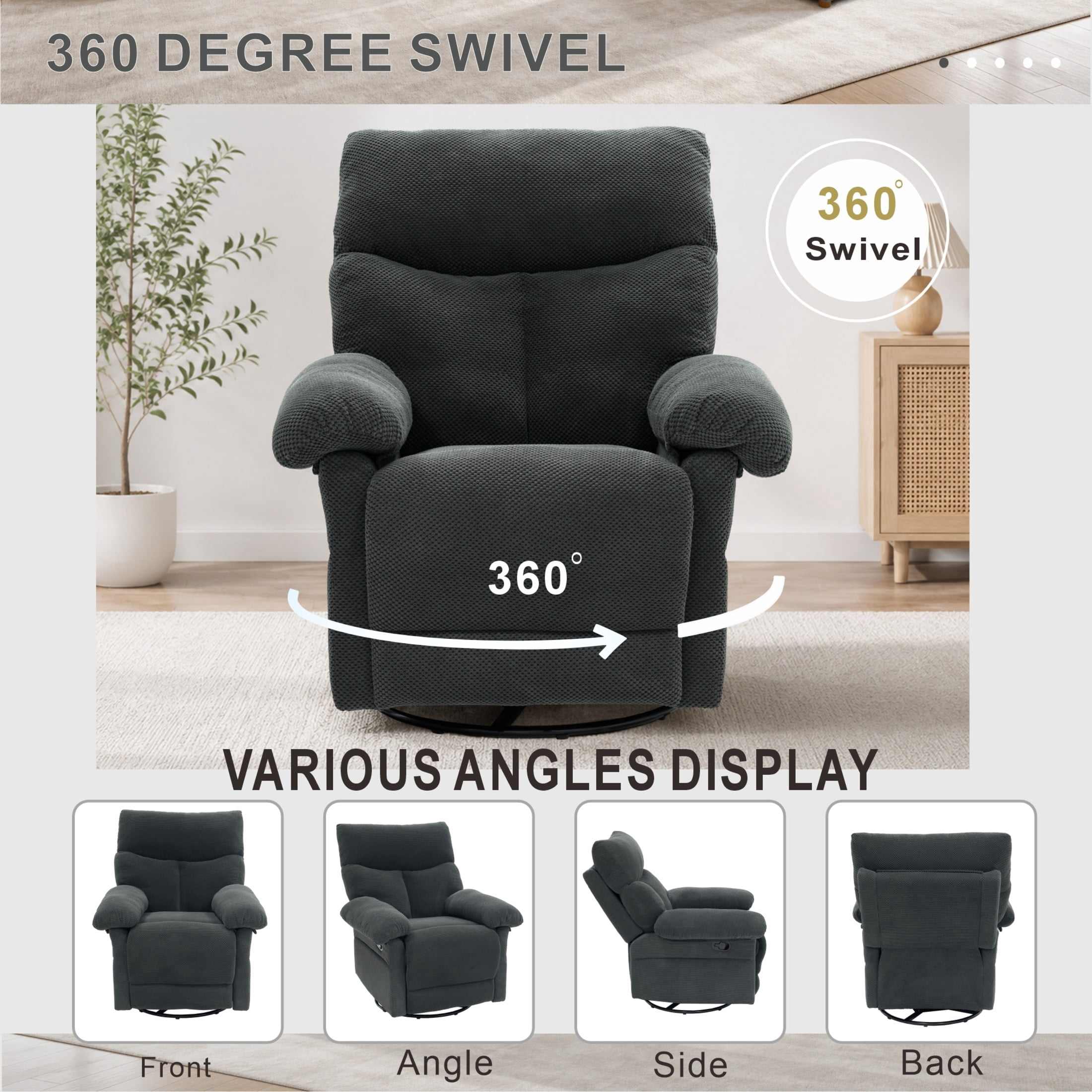 Noble House Modern Swivel Rocker Recliner Chair, Manual Glider Recliner with Textured Fabric, Dark Gray