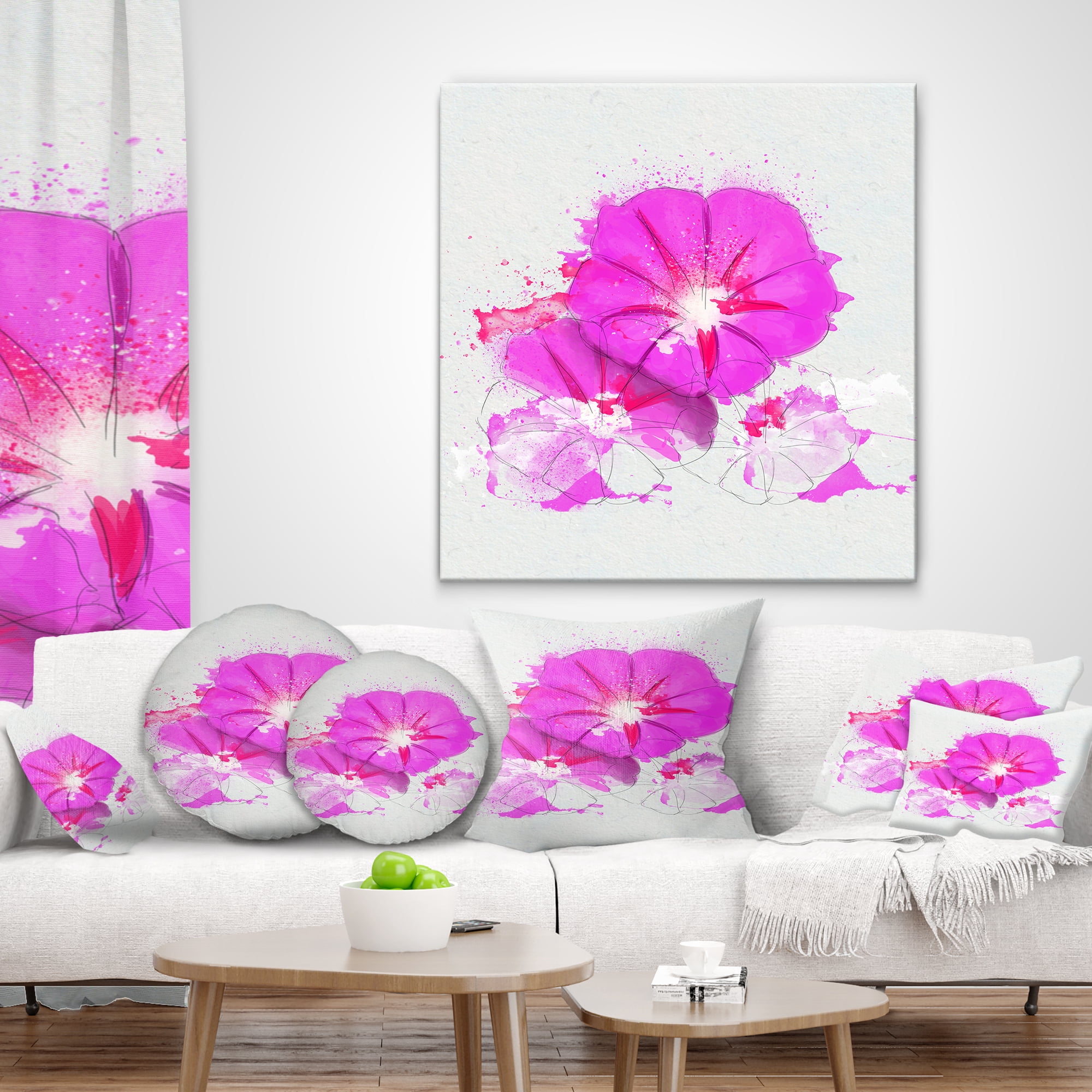 Designart Pink Flowers Sketch with Color Splashes - Floral Throw Pillow - 16x16