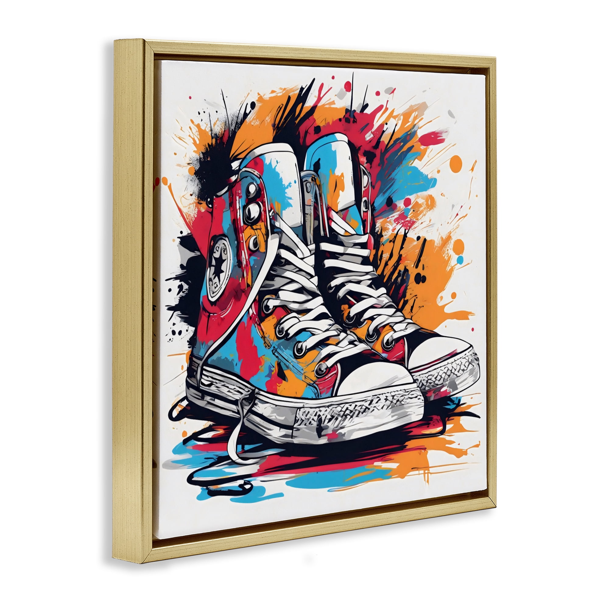 Stupell Industries Colorful Sneakers Graffiti Splash Gold Framed Floater Canvas Wall Art, design by Creative Studio