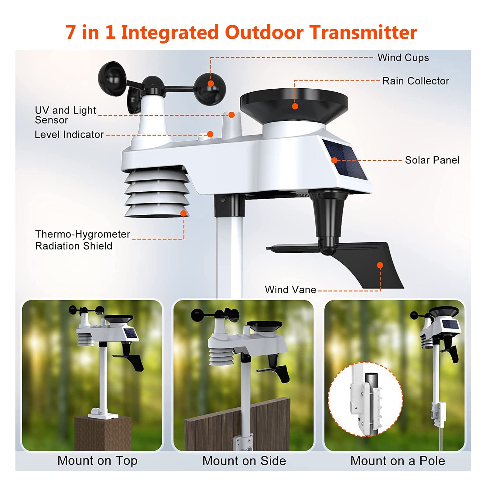 0370 Weather Station Outdoor Sensor Rain Gauge Weather Forecast Weather Base Temperature Humidity 8 Channel ,Easy to Install