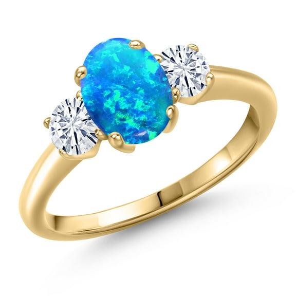 Gem Stone King 10K Yellow Gold Simulated Blue Opal and White Moissanite Engagement Ring for Women | 1.52 Cttw | Oval Cabochon 8X6MM | Gemstone October Birthstone | Size 8