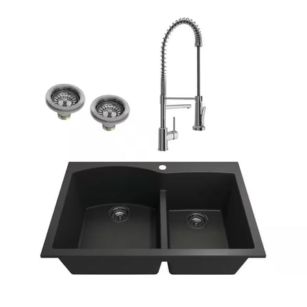 BOCCHI 1602-504-2019CH Dual Mount Granite Composite 33" 2 Bowl Kitchen Sink Kit