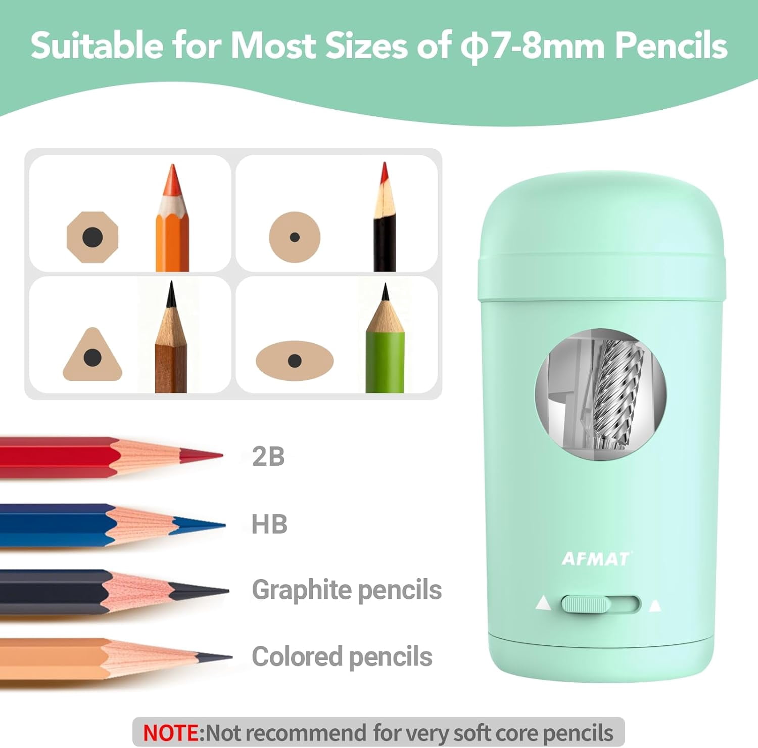 AFMAT Electric Pencil Sharpener, Fully Automatic Pencil Sharpener for 7-8mm Pencils & Colored Pencil, Auto in & Out, Rechargeable Vertical Hands-Free Sharpeners for Classroom/Home/Office,Green