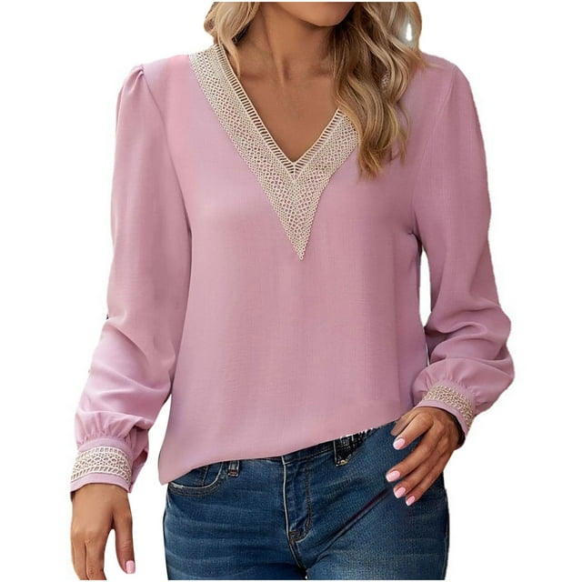 Pompotops Mode Haut en Chiffon à Manches Longues Col en V Uni pour Femmes en Solde