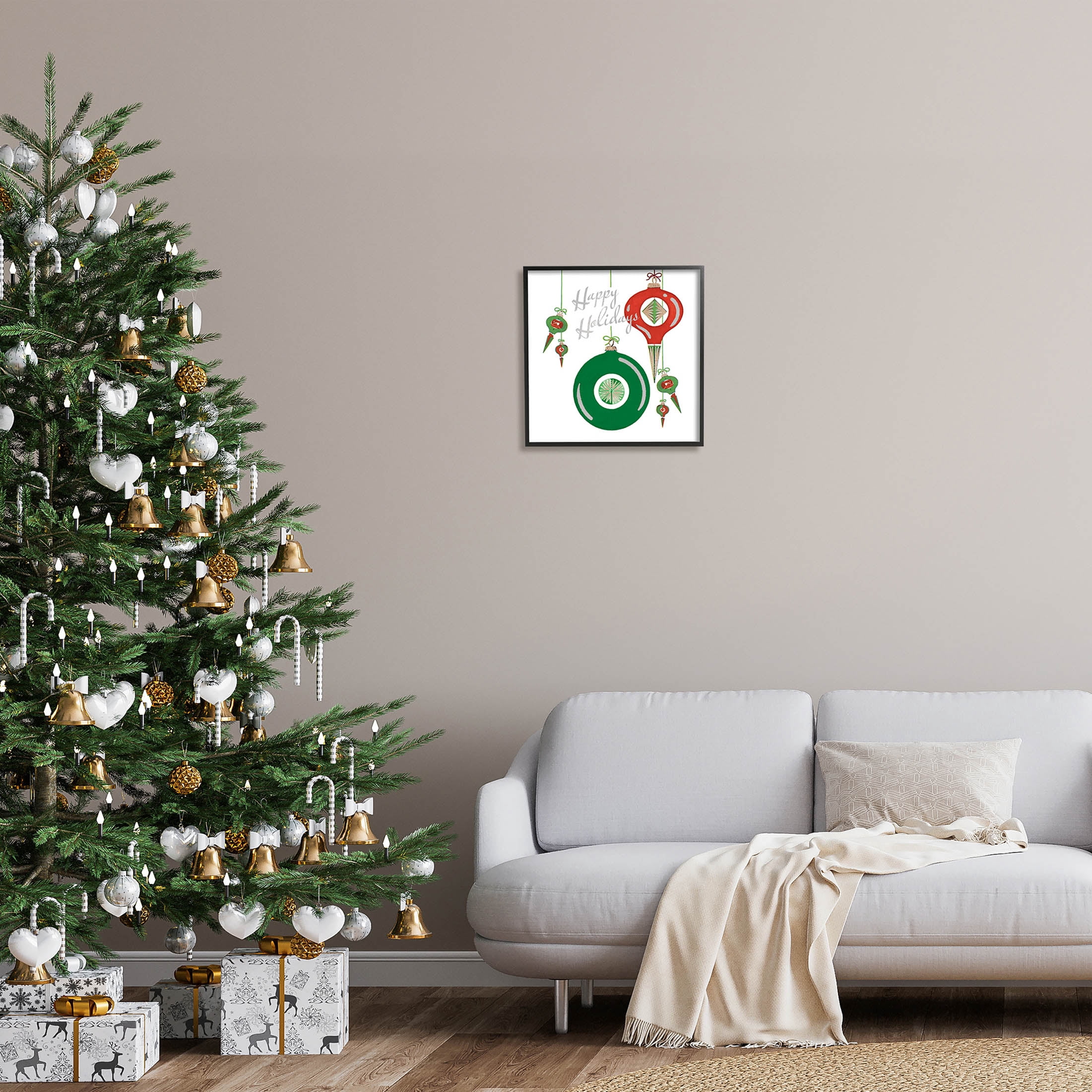Stupell Industries Seasonal Happy Holidays Ornaments Graphic Art Black Framed Art Print Wall Art, Design by The Saturday Evening Post
