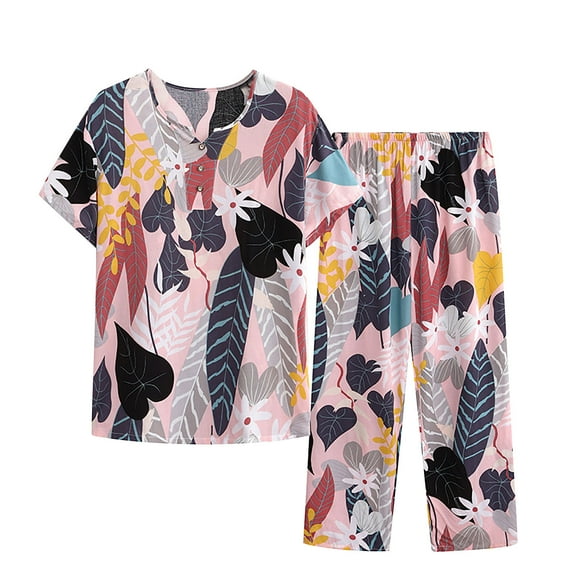 Tbopshirt Pajamas for Women,Women's Summer Two Piece Set Short Sleeve Round Neck Pajama Set Printed Tops Pants Set,Womens Pajama Sets