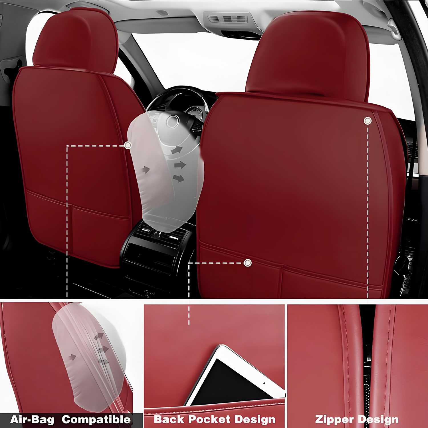 BaiCH Car Seat Covers, Breathable and Waterproof Faux Leather Automotive Seat Covers for Cars SUV Truck Sedan,Universal Anti-Slip Driver Seat Cover with Backrest (Full Seat,Red)