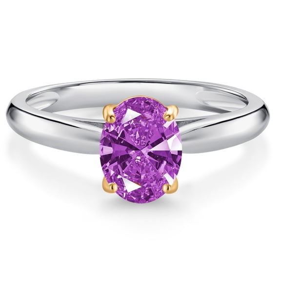 Gem Stone King 10K White and Yellow Gold Fancy Purple Zirconia Solitaire Engagement Ring for Women (1.21 Cttw, Oval 8X6MM, Gemstone Birthstone, Size 6)