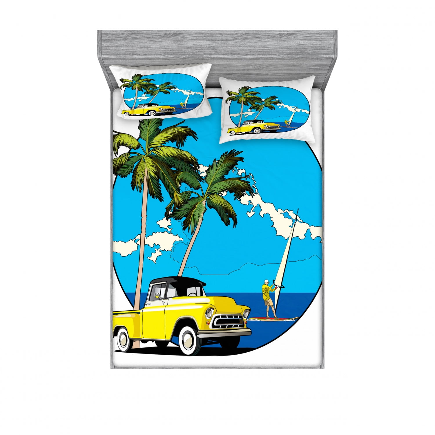 Retro Bedding Set with Sheet & Covers, Graphic Design Nostalgic Chevy