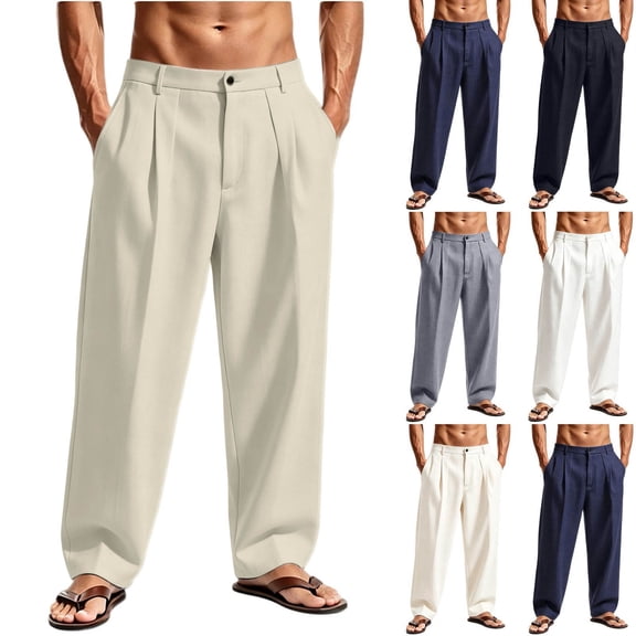 Men Pleated Wide‑Leg Linen Dress Pants, High Waist Loose Straight‑Cut Summer Trousers, Breathable Solid Color Casual Suit Pants