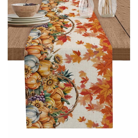 ERUNPONLY Thanksgiving Fall Table Runner - 48 Inch Long Orange Maple Leaves Pumpkin Sunflower Cotton and Linen Blended Dress Scarves Farmhouse Table Runner for Kitchen Dining, Coffee Table, 13"x48"