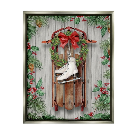 Stupell Industries Winter Ice Skates & Sled Holiday Painting Gray Floater Framed Canvas Art Print Wall Art, 17 x 21